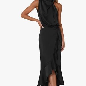 Black Satin High-Neck Ruffle Wrap Dress